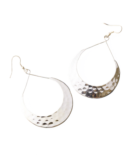 Pair of silver hoop earrings on a white background