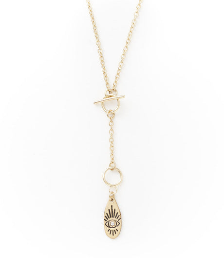 Gold necklace with a teardrop-shaped pendant on a white background
