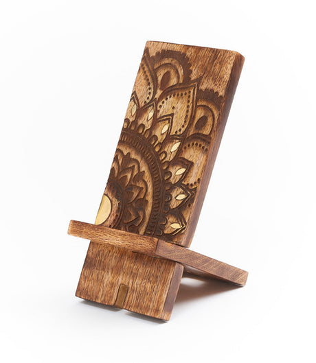 Mandala Phone Holder - Mango Wood, Brass Inlay by Matr Boomie - Sumiye Co