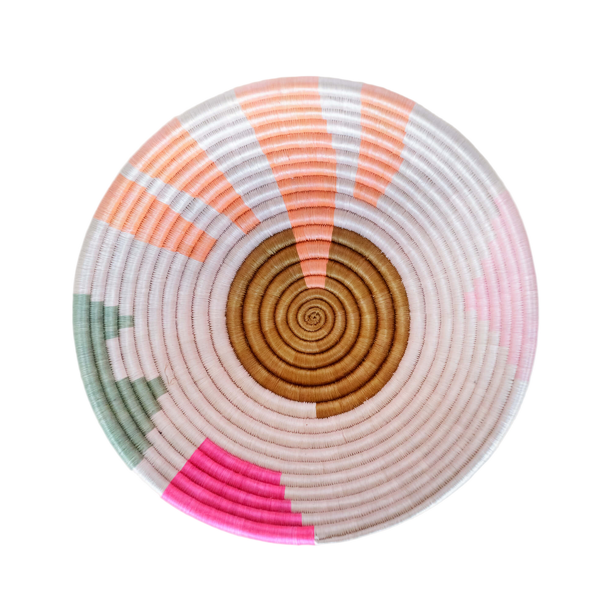 Round woven basket with concentric circle pattern on a white background