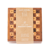 Wooden chess set with packaging displaying 'Matr Boomie' branding on a white background.