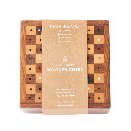 Wooden chess set with packaging displaying 'Matr Boomie' branding on a white background.
