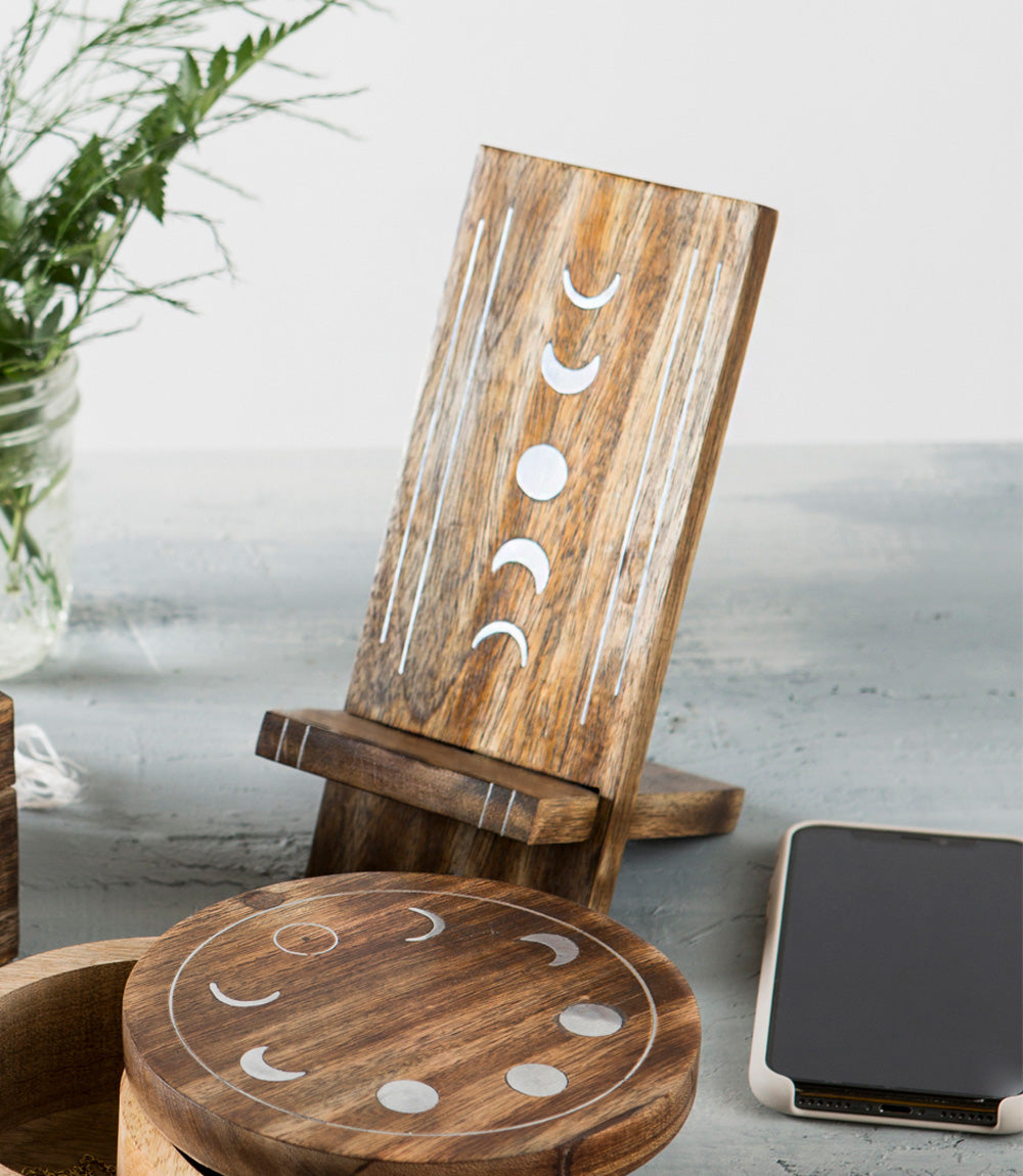 Indukala Moon Phase Phone Holder - Wood, Brass, Fair Trade by Matr Boomie - Sumiye Co