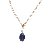 Gold necklace with a blue pendant on a white background