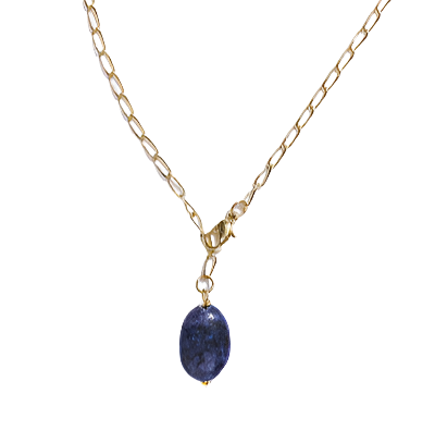 Gold necklace with a blue pendant on a white background