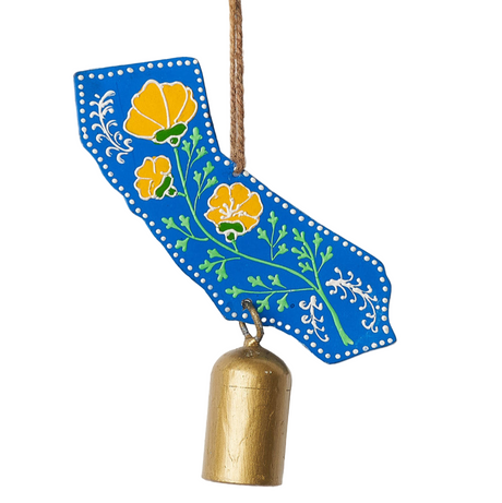 Decorative bell with blue background and yellow flowers on a white background