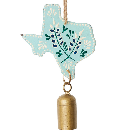 Decorative hanging ornament shaped like the state of Texas with a gold bell on a white background