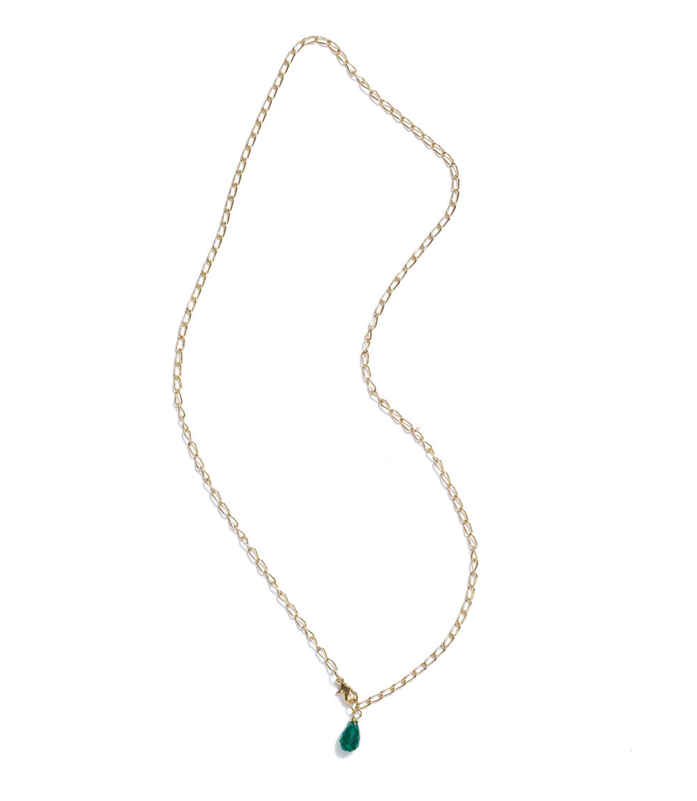 Necklace with a green teardrop pendant on a white background