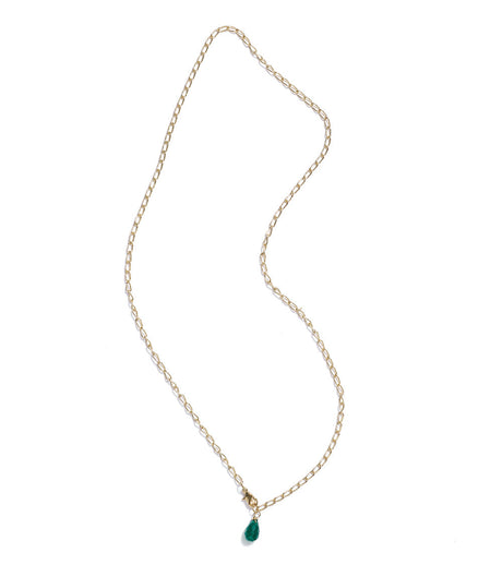 Necklace with a green teardrop pendant on a white background