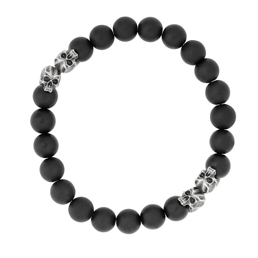 Onyx Beads & Pewter Skulls Bracelet
