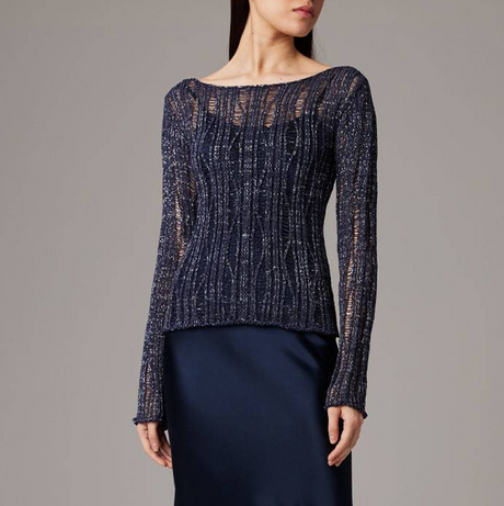 Navy blue textured sweater worn by a model on a gray background