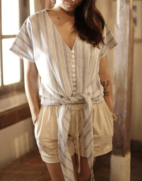 Handwoven Cotton Cap Sleeve Shirt, in Riviera Blue - Sumiye Co