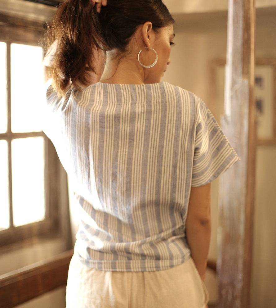 Handwoven Cotton Cap Sleeve Shirt, in Riviera Blue - Sumiye Co