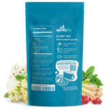 Blue package of aprika life Sleep Tea with nutritional information and preparation instructions.