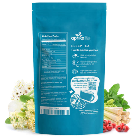 Blue package of aprika life Sleep Tea with nutritional information and preparation instructions.