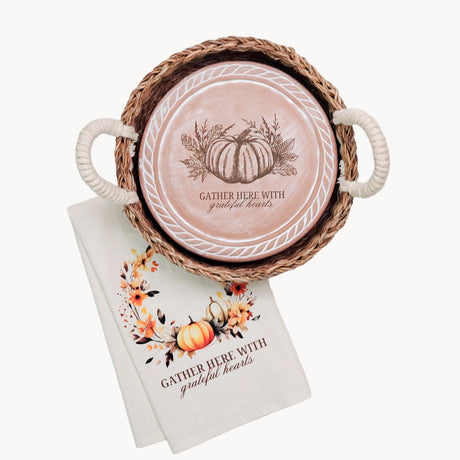 Bread Warmer & Basket Gift Set with Tea Towel - Pumpkin Round-0