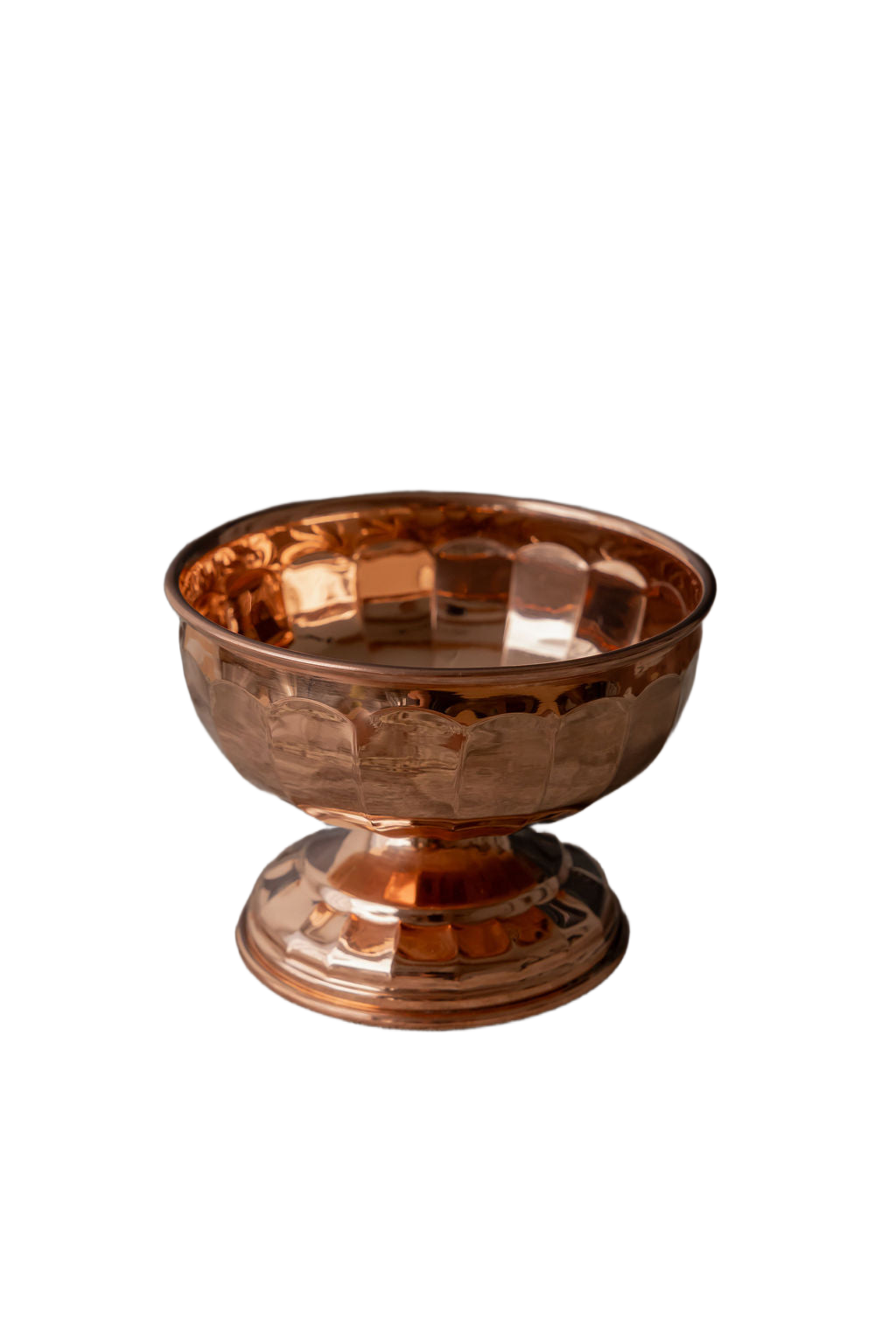 Vintage Inspired Copper Pedestal Bowls with Scalloped Panel Design – Set of 2