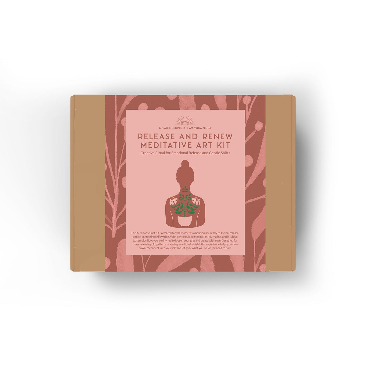 Meditative art kit packaging with a silhouette of a person holding a plant on a white background