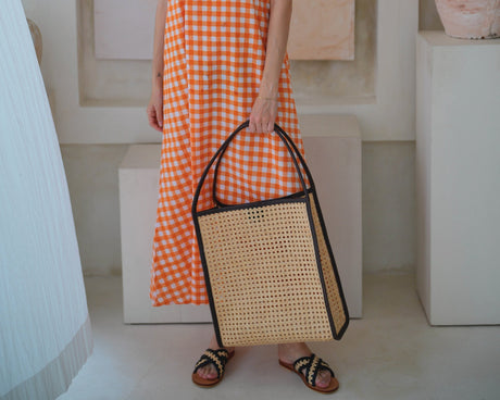 Viviana Oversized Cane and Leather Tote in Dark Brown - Sumiye Co