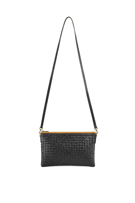 Black textured crossbody bag on a white background