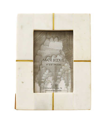 White photo frame with gold accents and 'MATR BOOMIE' branding on a white background