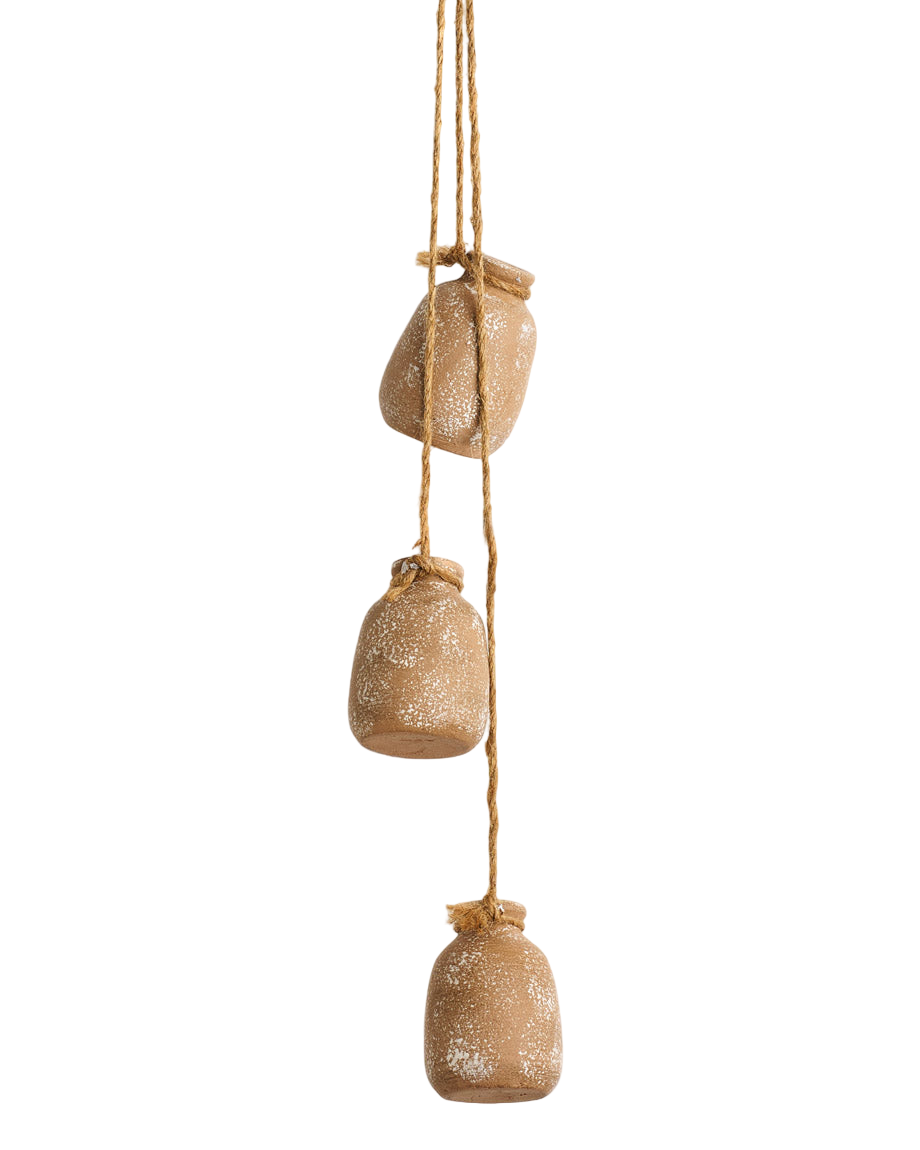 Decorative hanging jars with textured surface on a white background