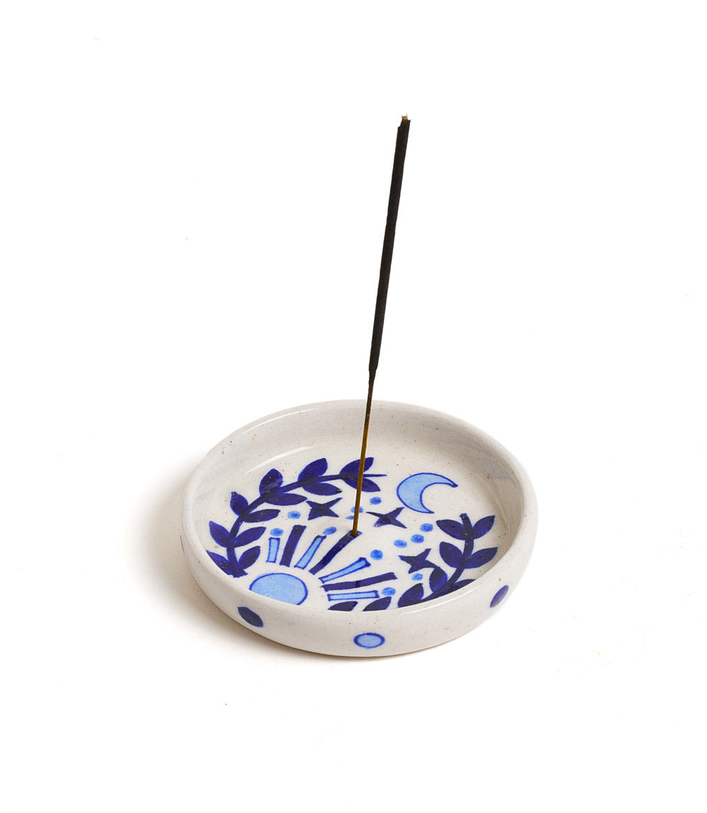 Lalita Round Incense Holder - Hand Painted Blue & White by Matr Boomie - Sumiye Co