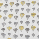 Pattern of yellow and gray hot air balloons on a white background