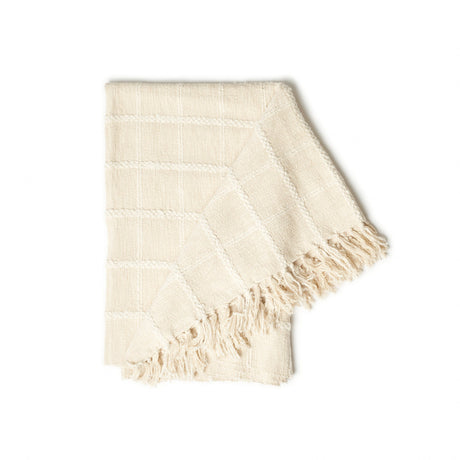 Beige woven blanket with frayed edges on a white background