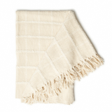 Beige woven blanket with fringes on a white background