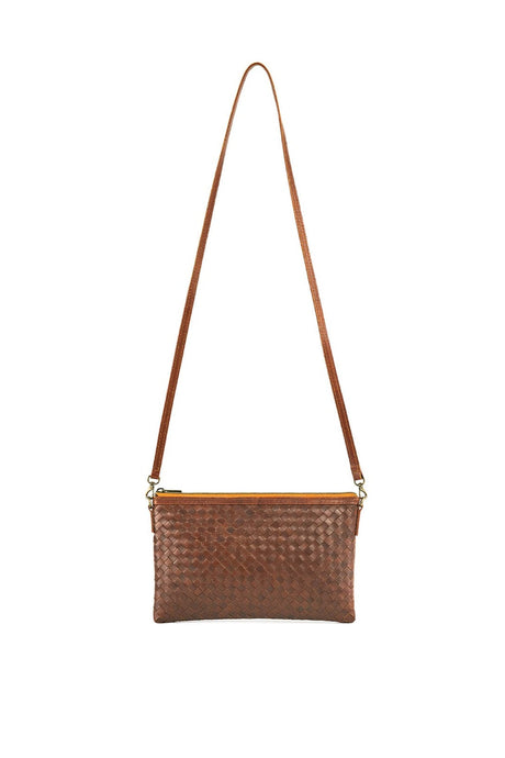 Brown woven handbag with a strap on a white background
