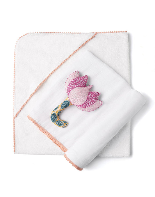 3 Pc Newborn Essential Set - Hooded Towel, Swaddle + Toy Rattle-0