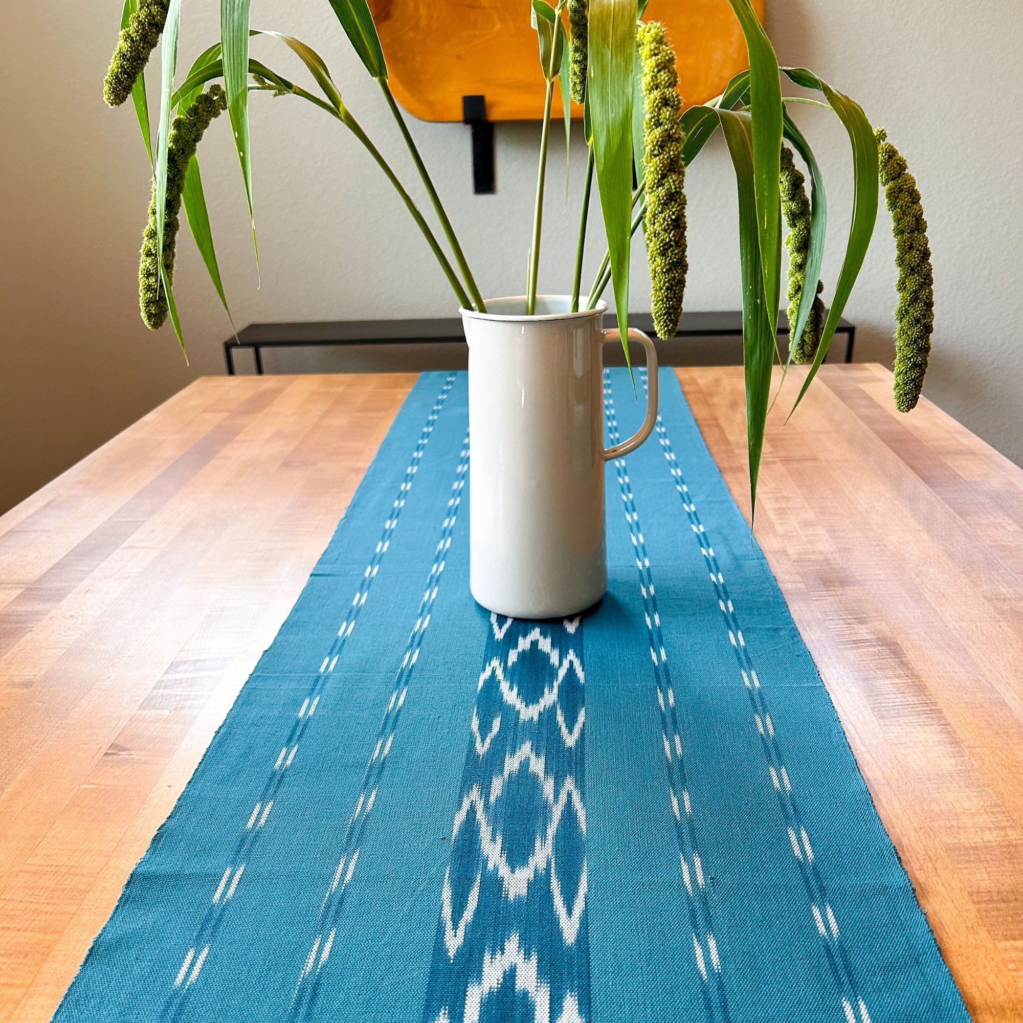 table runner 「青磁色・彩」　帯リメイク Serpentine Ikat Woven Table Runner - Turquoise