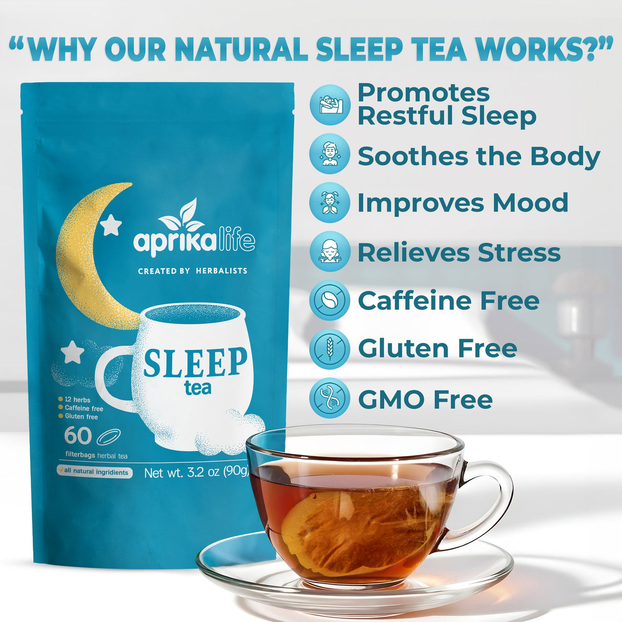 Aprika Life Sleep Tea package with a cup of tea on a white background