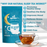 Aprika Life Sleep Tea package with a cup of tea on a white background