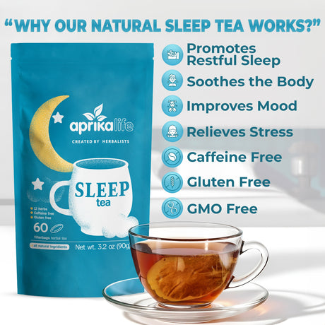 Aprika Life Sleep Tea package with a cup of tea on a white background