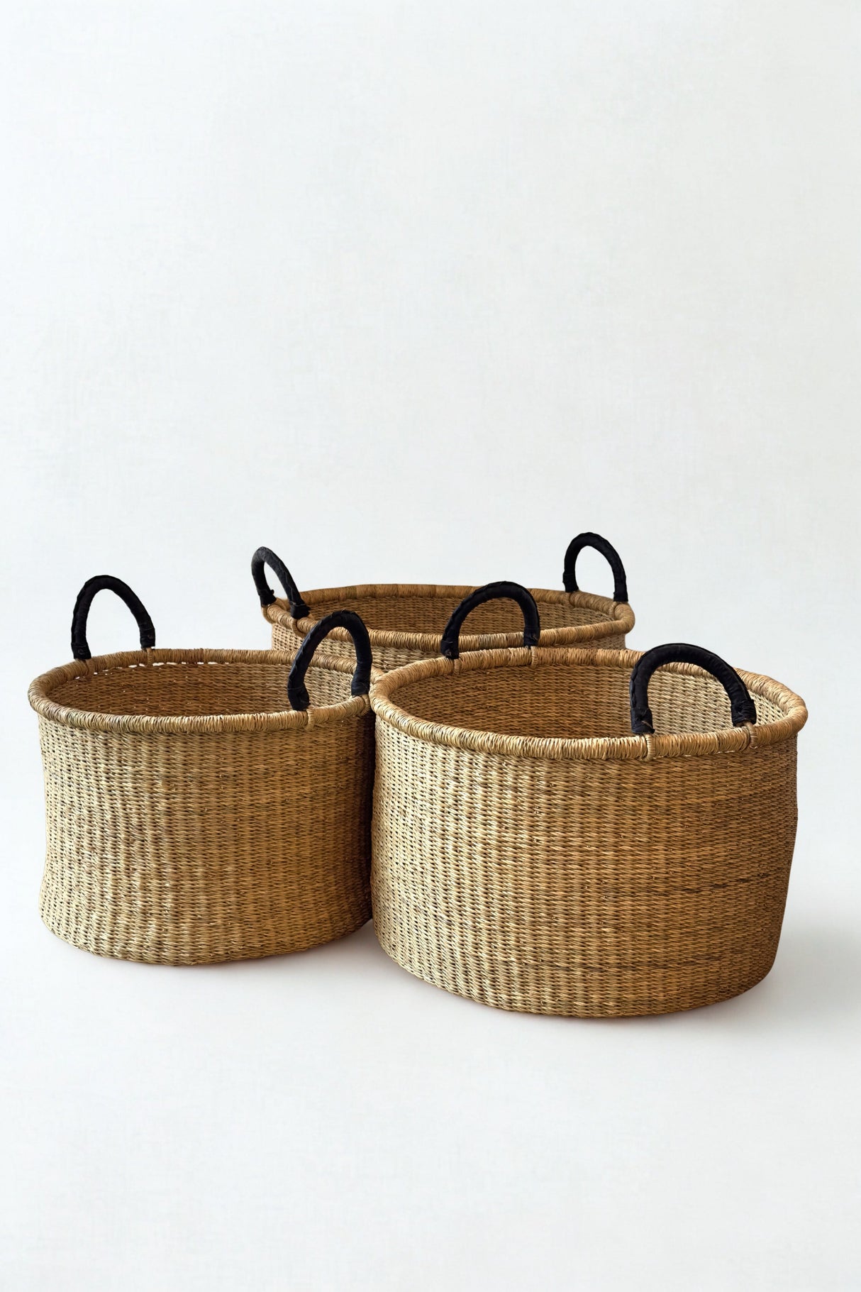 S/3 Handwoven Short Hampers with Leather Handles - Natural - Sumiye Co