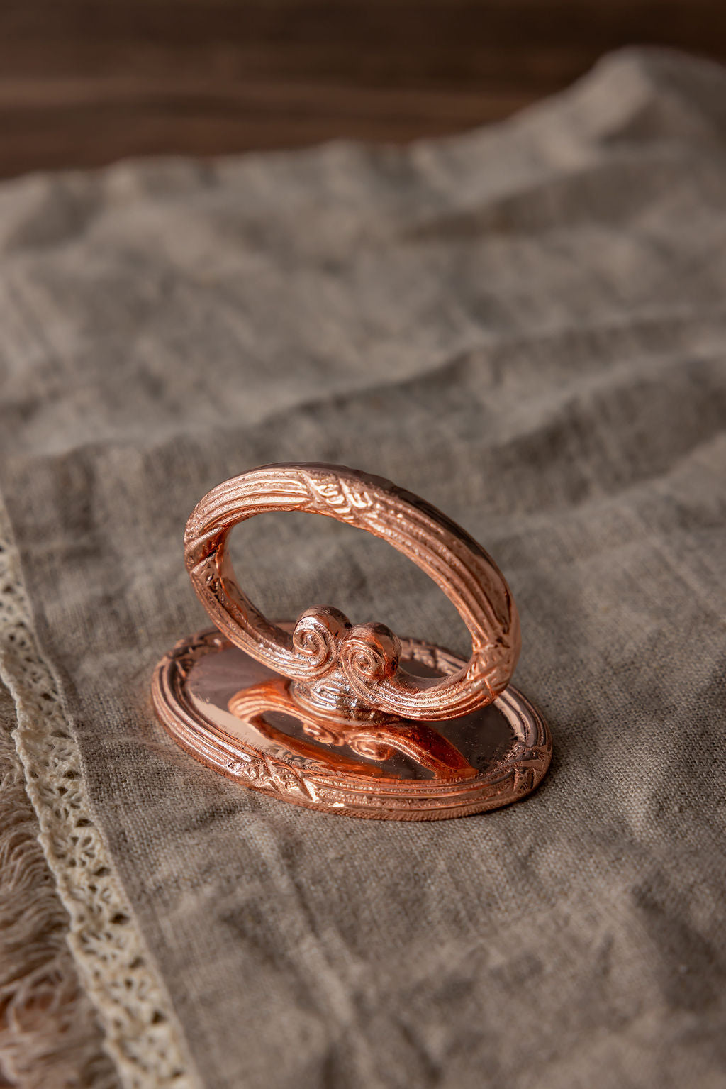 S/4 Vintage Inspired Copper Napkin Rings with Embossed Cross & Bow Pattern