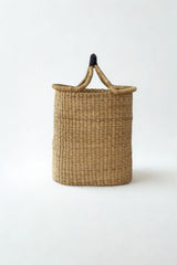 Handwoven Double Weave Pot Basket with Black Leather Handle