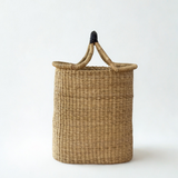 Handwoven Double Weave Pot Basket with Black Leather Handle