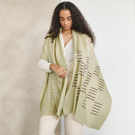 Sea Salt Pastel Green Hand Woven Hand Embroidered Silk Merino Classic Scarf - Sumiye Co