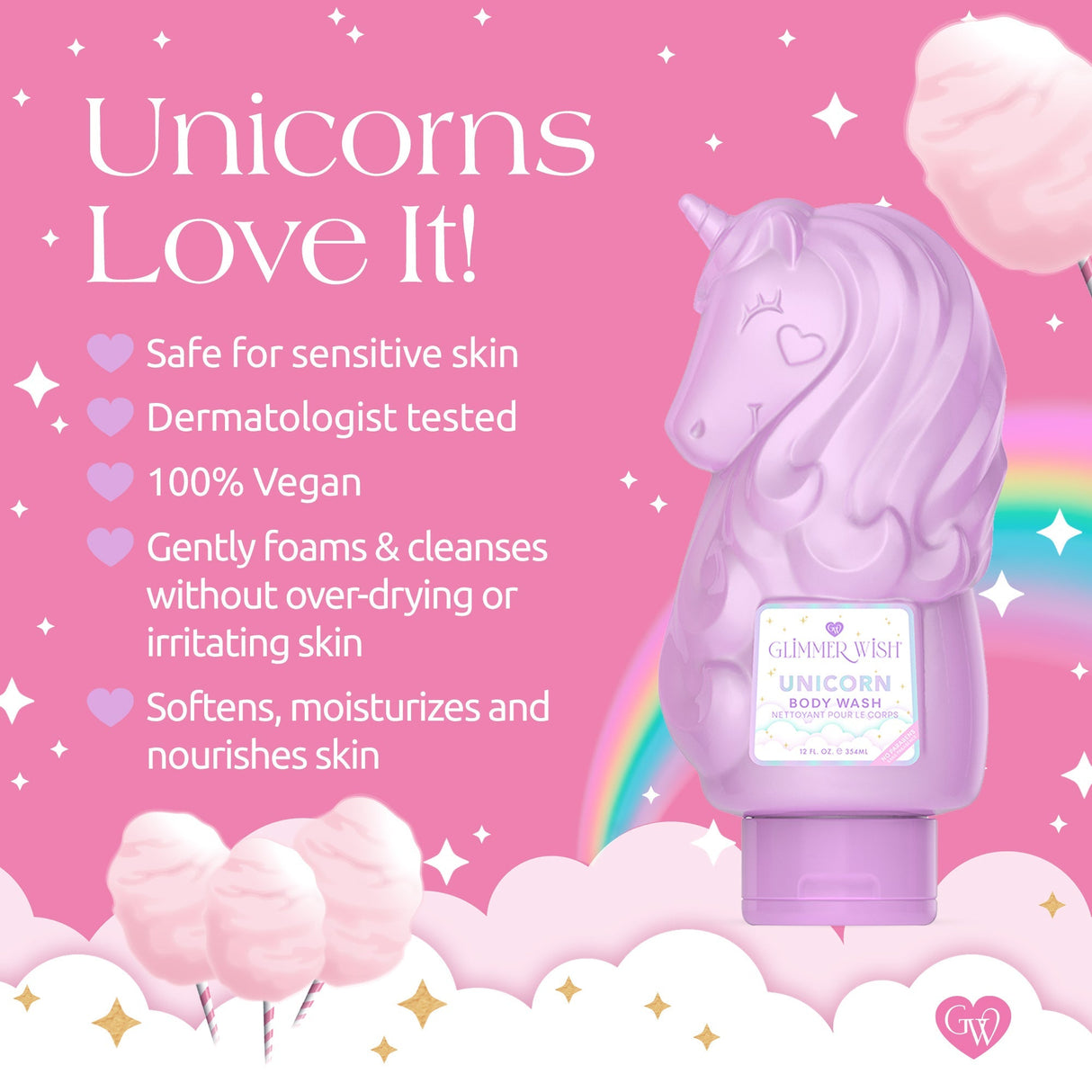 Purple unicorn-shaped body wash bottle on a pink background with text about product features.