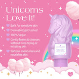 Purple unicorn-shaped body wash bottle on a pink background with text about product features.