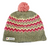 Knitted beanie with pink and green pattern and pom-pom on a white background