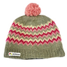 Knitted beanie with pink and green pattern and pom-pom on a white background