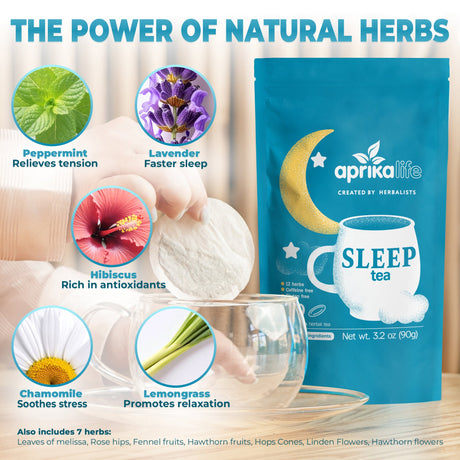 Aprikalife Sleep Tea packaging with natural herbs and tea bag illustration.