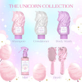 Unicorn-themed bathroom product set including shampoo, conditioner, body wash, mist, brush, and hair dryer on a pastel background.