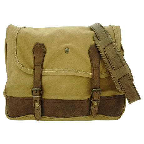 Brown leather and canvas messenger bag on a white background