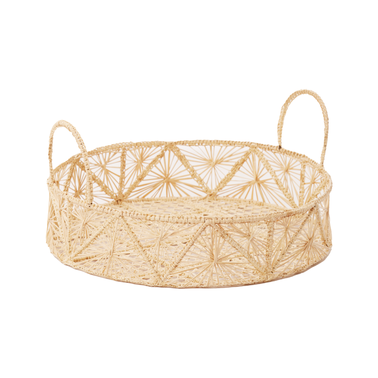 Woven basket with geometric pattern and handles on a white background