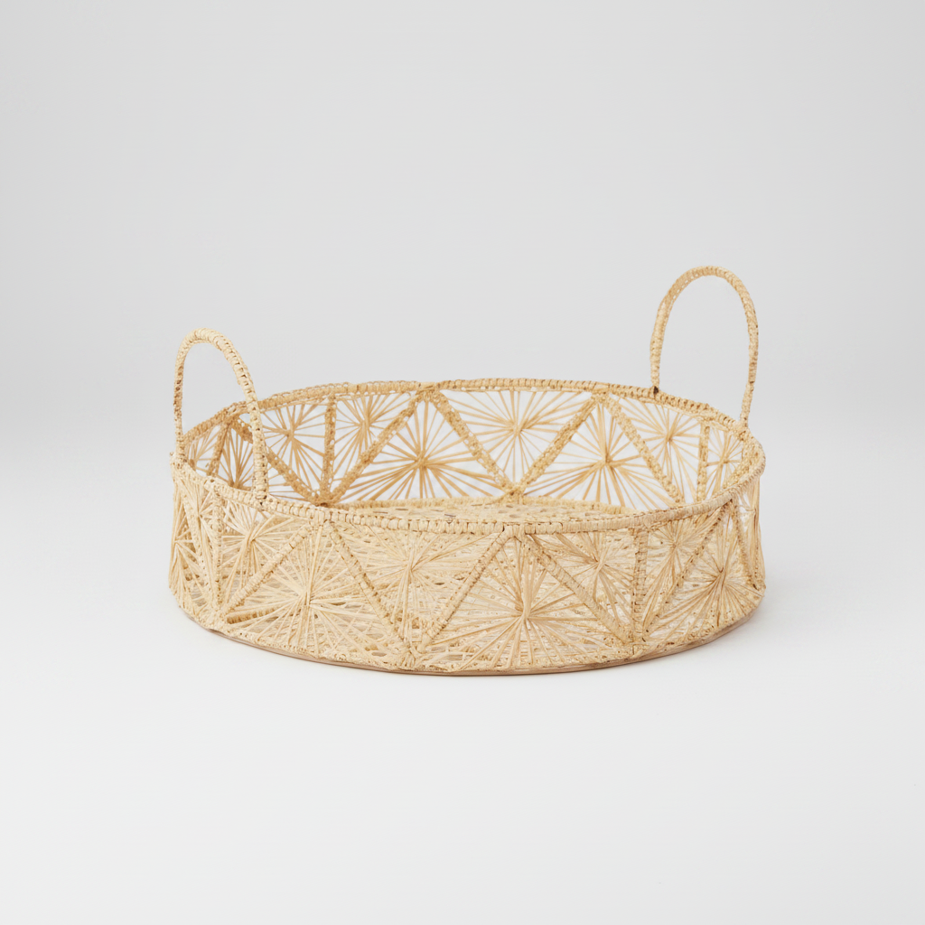 Large Round Woven Tray with Handles - Natural